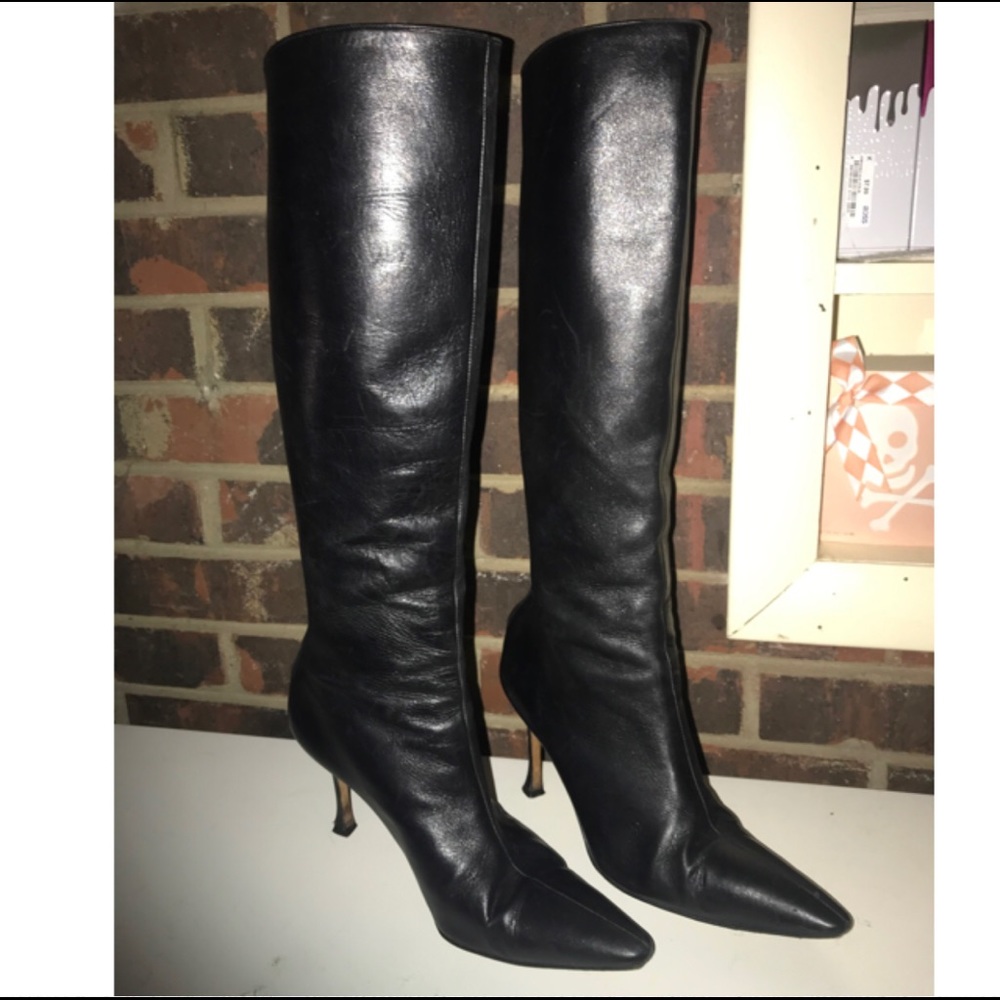 Manolo Blahnik Black Leather Stiletto Tall Boots